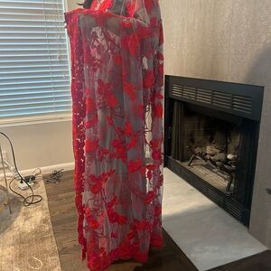 Indian net saree / sari Gorgeous Embroidered Gray and Red/ orange red